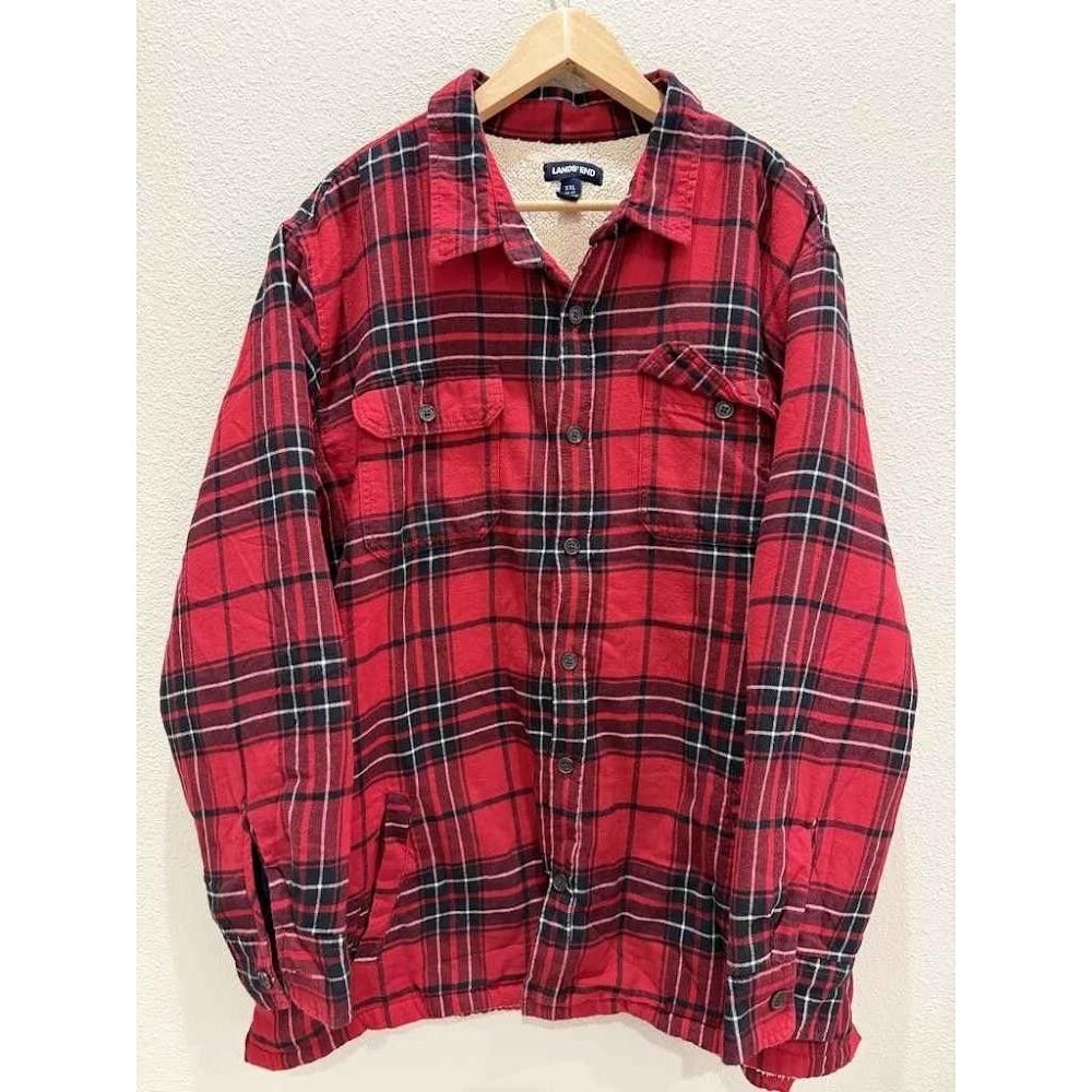 Lands' End Men's Sherpa Lined Flannel Shirt Jacket Red Plaid XXL 50-52